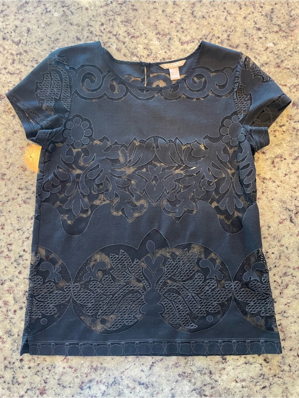 BR linen and cotton blend Black burnout Lace Pattern Short Sleeve Top 6